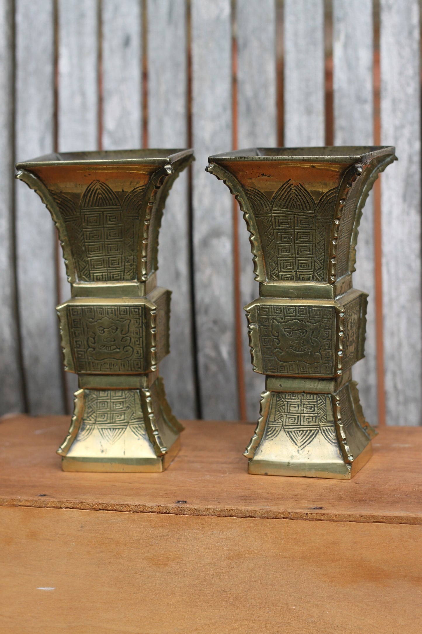 A Pair of Chinese Archaic Style Brass Gu Vases, Each 19.5cm High 1.9kg