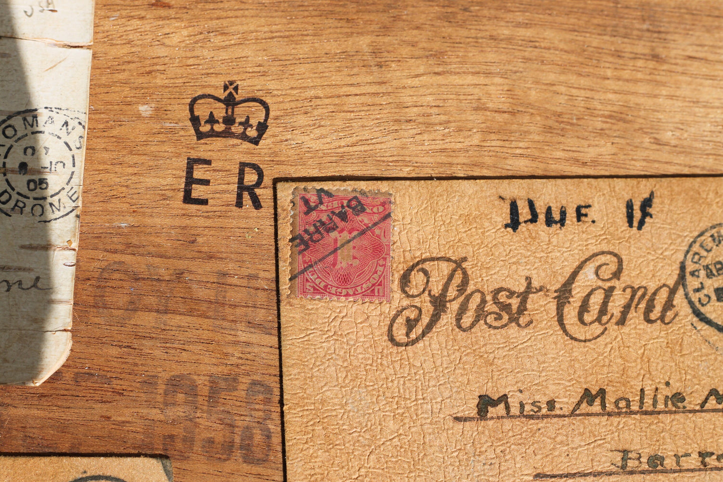 Three Early 20th Century American Postal Covers, Two Leather and One Bark 14cm Wide With Stamps