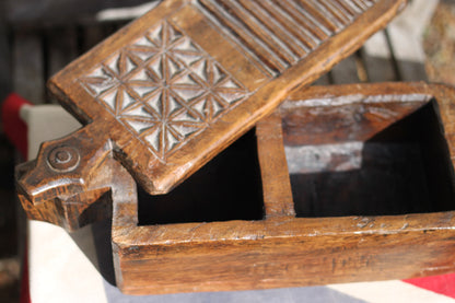 An Unusual Hindu Vibhuti Box With Slide Lid and  Geometric Carved Faces, 10cm H x 35.5cm W x 14cm D