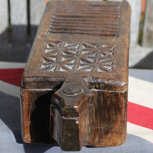 An Unusual Hindu Vibhuti Box With Slide Lid and  Geometric Carved Faces, 10cm H x 35.5cm W x 14cm D