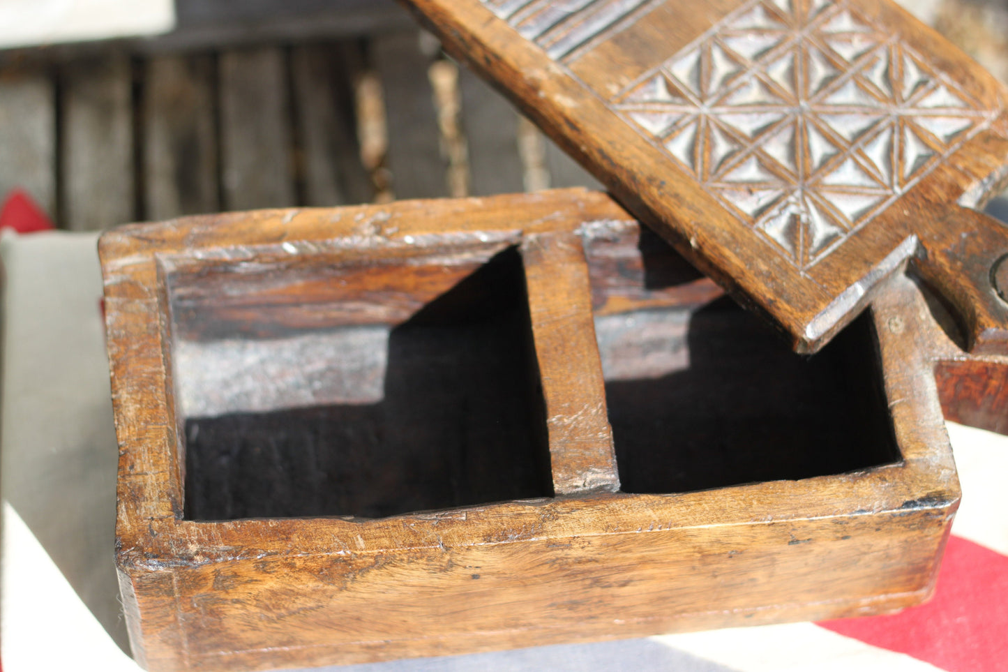 An Unusual Hindu Vibhuti Box With Slide Lid and  Geometric Carved Faces, 10cm H x 35.5cm W x 14cm D