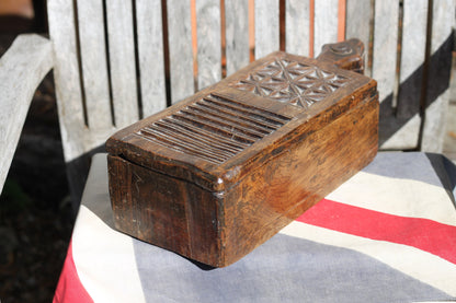 An Unusual Hindu Vibhuti Box With Slide Lid and  Geometric Carved Faces, 10cm H x 35.5cm W x 14cm D