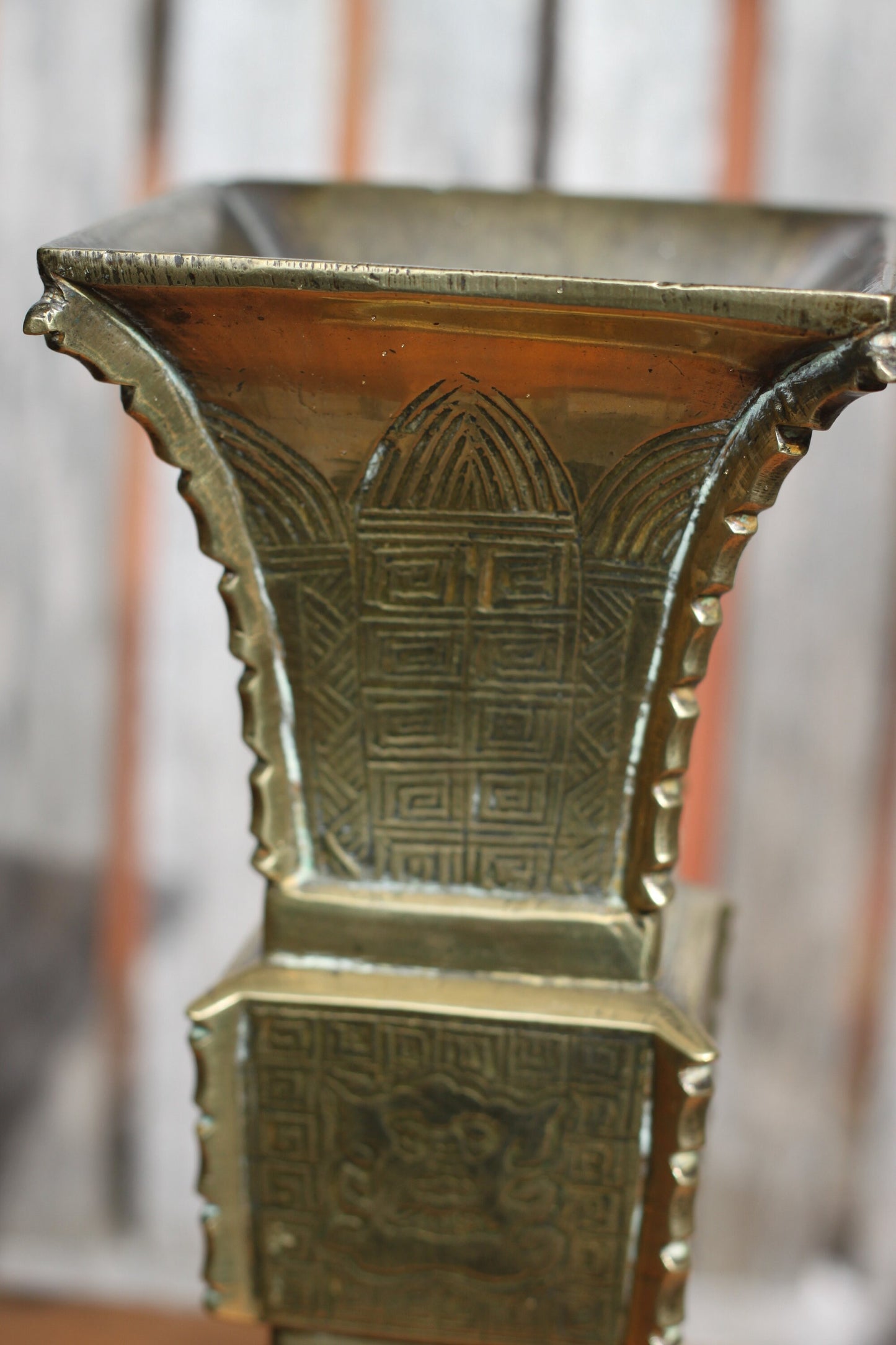 A Pair of Chinese Archaic Style Brass Gu Vases, Each 19.5cm High 1.9kg