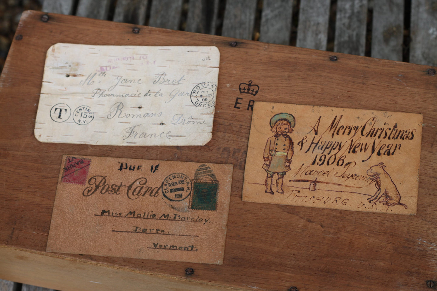 Three Early 20th Century American Postal Covers, Two Leather and One Bark 14cm Wide With Stamps