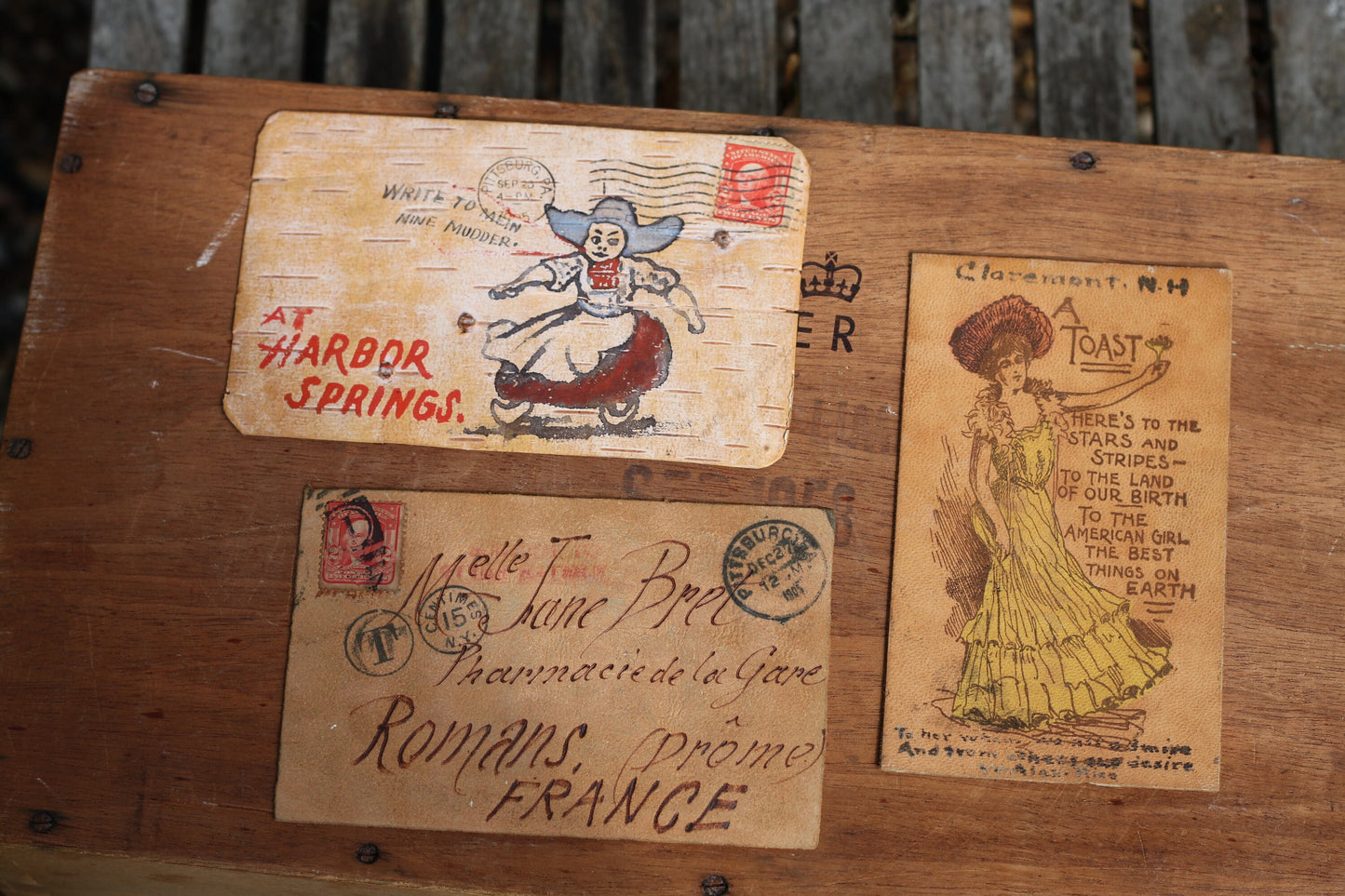 Three Early 20th Century American Postal Covers, Two Leather and One Bark 14cm Wide With Stamps