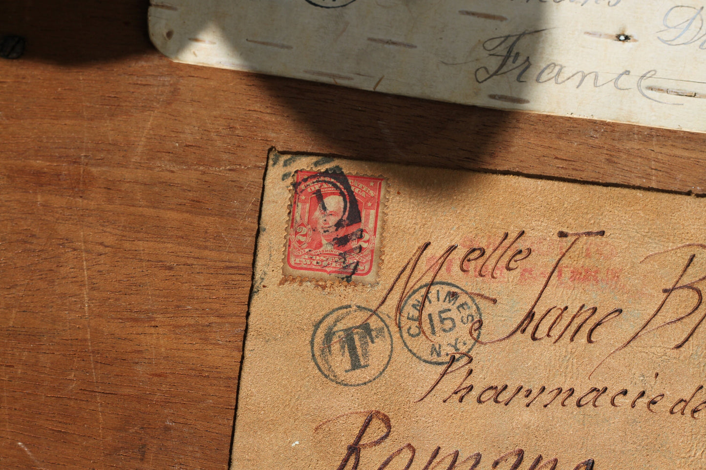 Three Early 20th Century American Postal Covers, Two Leather and One Bark 14cm Wide With Stamps