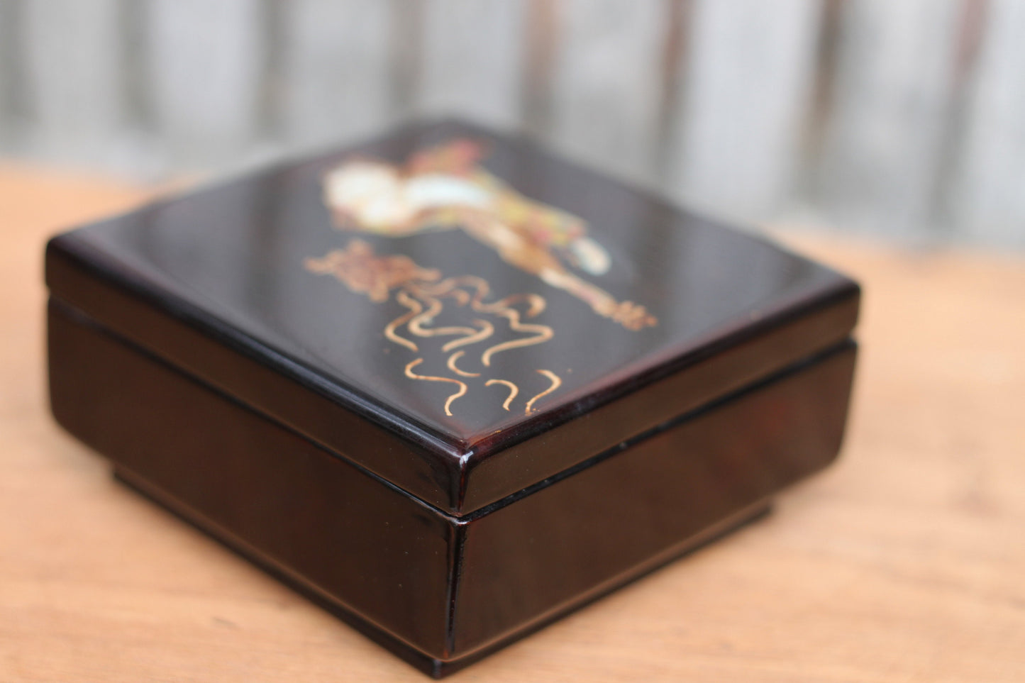 A Vietnamese Lacquered Box With a Female Playing a Lute on the Cover 10cm Square