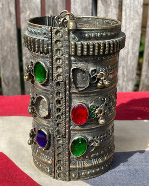 An Indian White metal Cuff Bangle With Coloured Stones 11cm Long