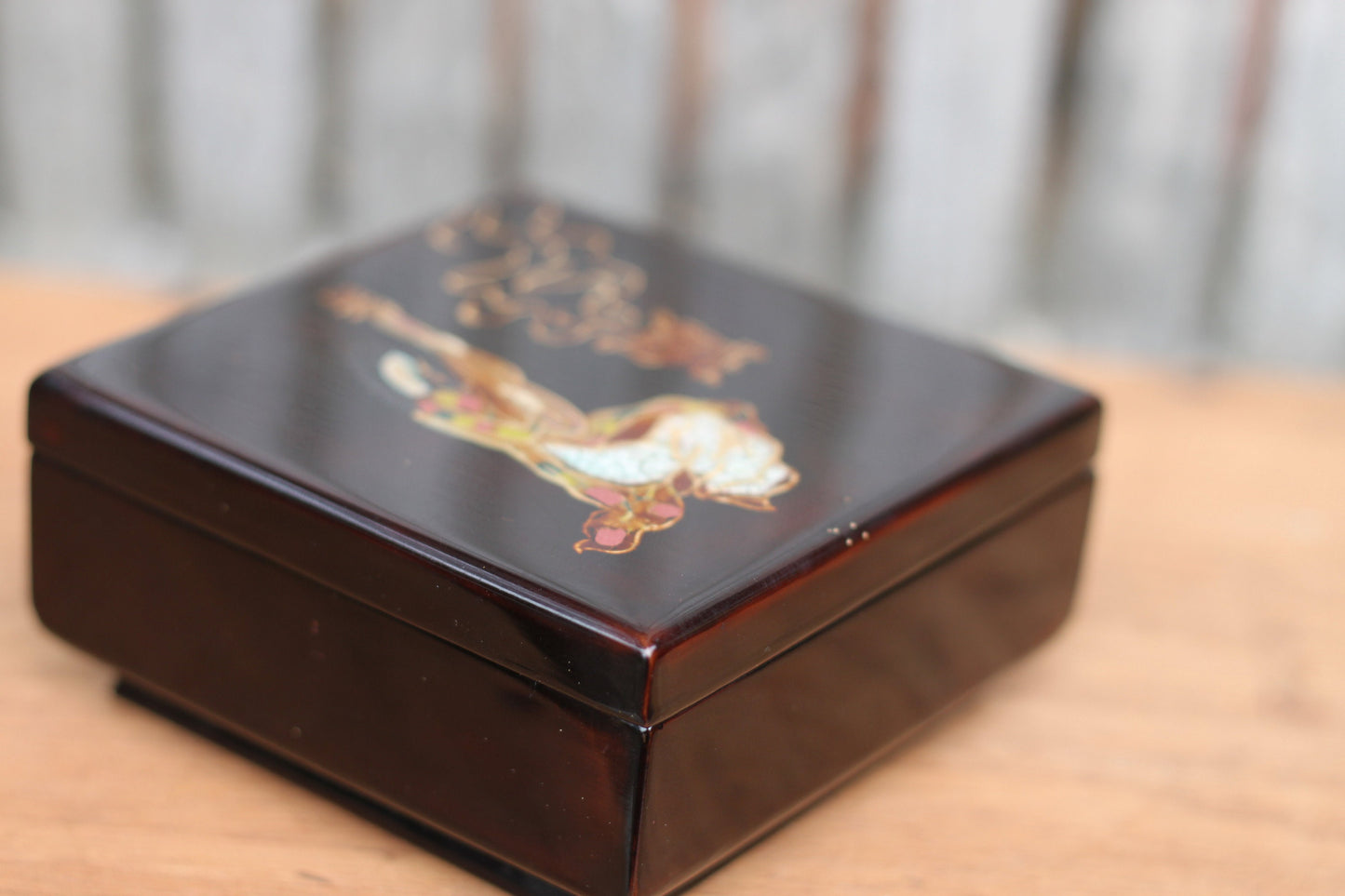 A Vietnamese Lacquered Box With a Female Playing a Lute on the Cover 10cm Square