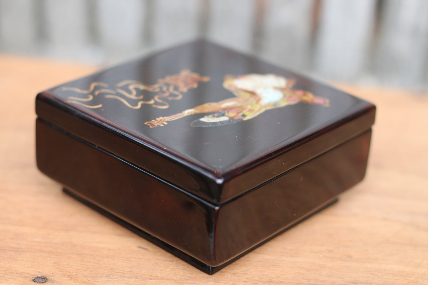 A Vietnamese Lacquered Box With a Female Playing a Lute on the Cover 10cm Square