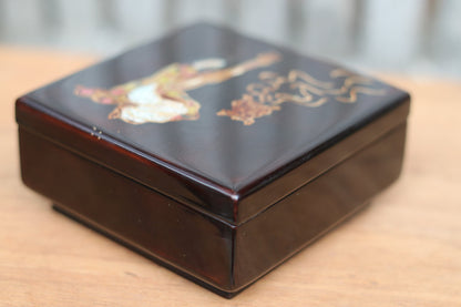 A Vietnamese Lacquered Box With a Female Playing a Lute on the Cover 10cm Square