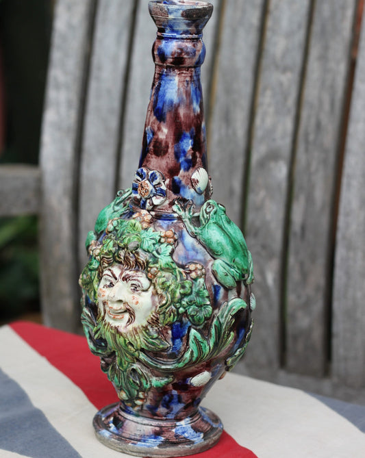 A Palissy Style Majolica  Bacchus Flask or Vase, Base Impressed with letters LA, 24.5cm