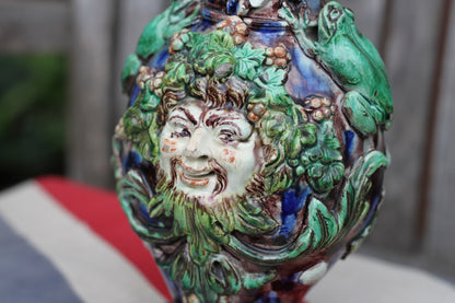 A Palissy Style Majolica  Bacchus Flask or Vase, Base Impressed with letters LA, 24.5cm