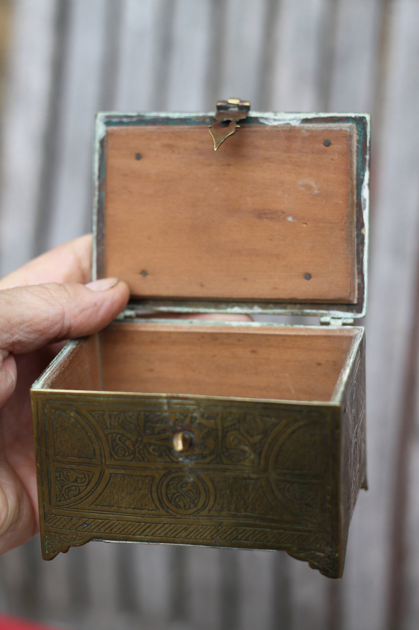 An Islamic Brass Four Footed Casket Engraved With an Entwined Floral Design , 10cm Wide c1890