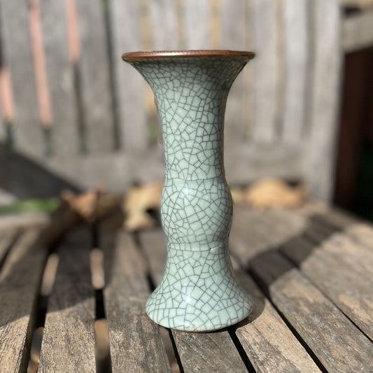 A Chinese Ge Ware Type Crackle Glazed Ceramic Gu Beaker Vase, 15cm high