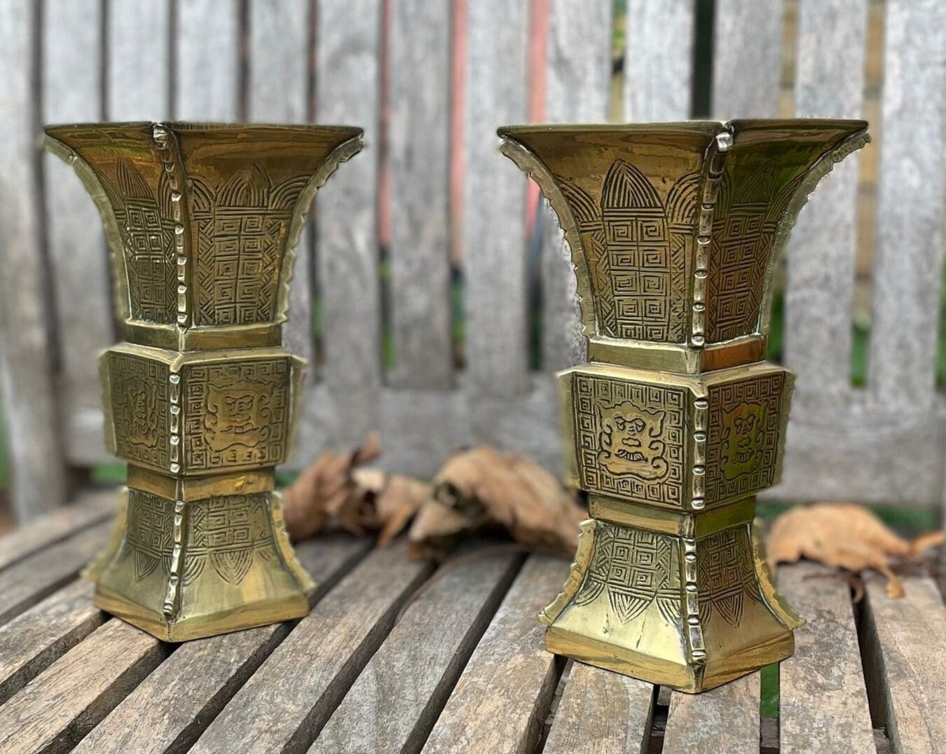 A Pair of Chinese Archaic Style Brass Gu Vases, Each 19.5cm High 1.9kg