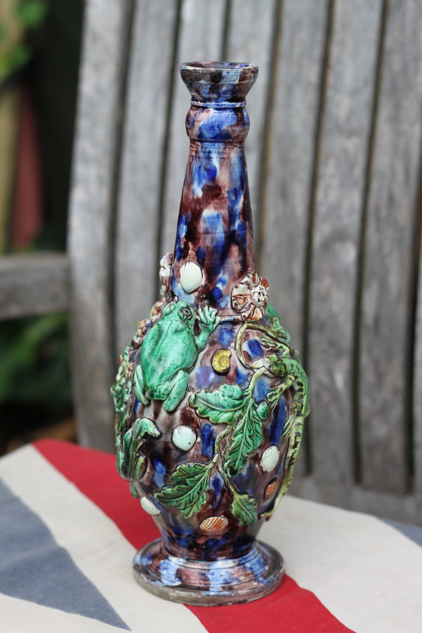 A Palissy Style Majolica  Bacchus Flask or Vase, Base Impressed with letters LA, 24.5cm