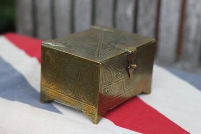 An Islamic Brass Four Footed Casket Engraved With an Entwined Floral Design , 10cm Wide c1890