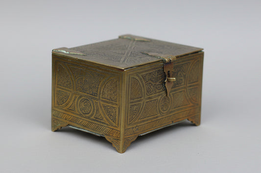 An Islamic Brass Four Footed Casket Engraved With an Entwined Floral Design , 10cm Wide c1890