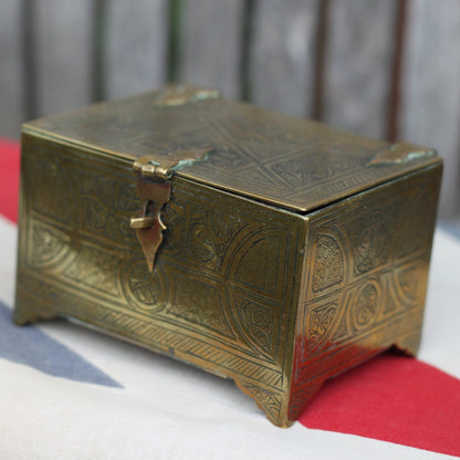 An Islamic Brass Four Footed Casket Engraved With an Entwined Floral Design , 10cm Wide c1890