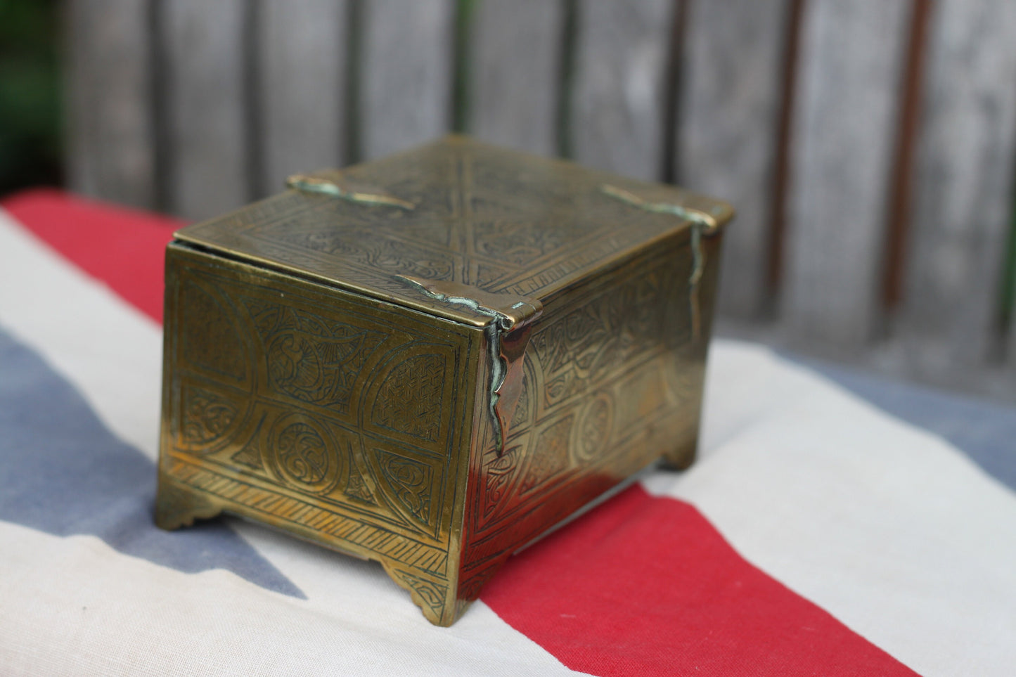 An Islamic Brass Four Footed Casket Engraved With an Entwined Floral Design , 10cm Wide c1890