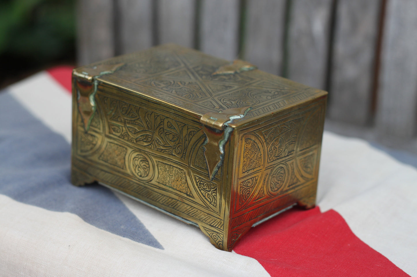 An Islamic Brass Four Footed Casket Engraved With an Entwined Floral Design , 10cm Wide c1890