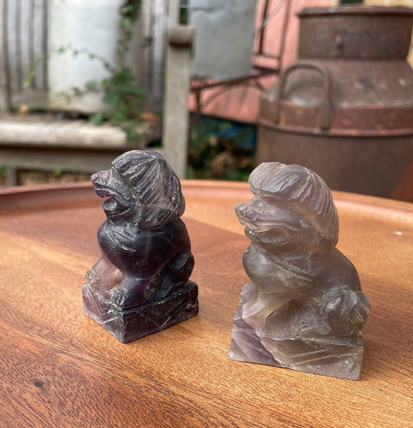 Two Hand Carved Oriental Natural Amethyst Foo Dogs 7cm Tall