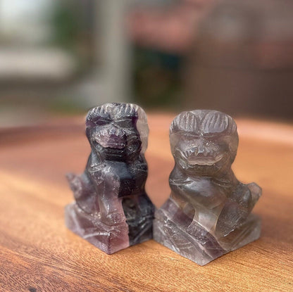 Two Hand Carved Oriental Natural Amethyst Foo Dogs 7cm Tall