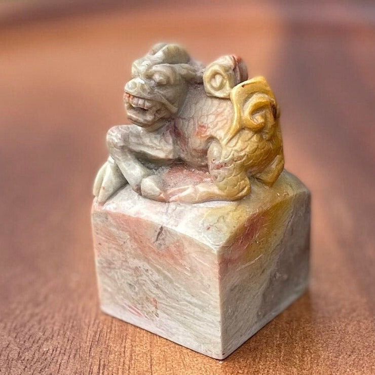 A Chinese Hand Carved Soapstone Seal With a Dragon on Top 67mm Tall