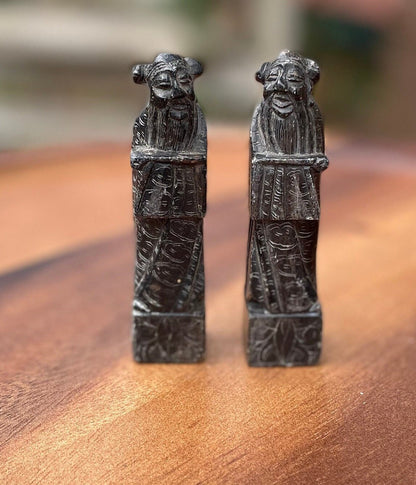 2 Antique Carved Dark Soapstone Statues of Chinese Wise/Holy Men 9cm Tall