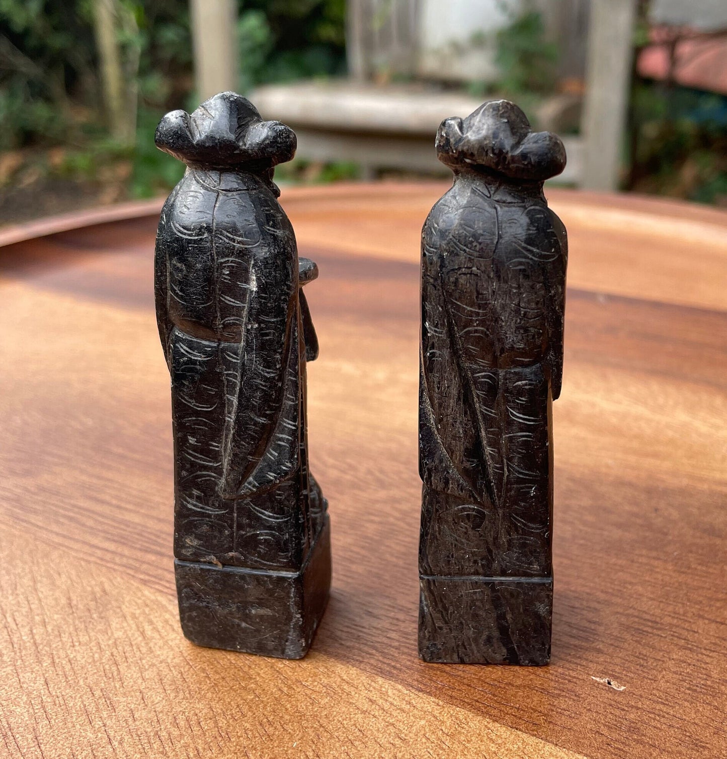 2 Antique Carved Dark Soapstone Statues of Chinese Wise/Holy Men 9cm Tall