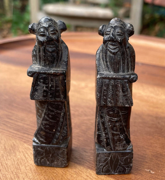 2 Antique Carved Dark Soapstone Statues of Chinese Wise/Holy Men 9cm Tall