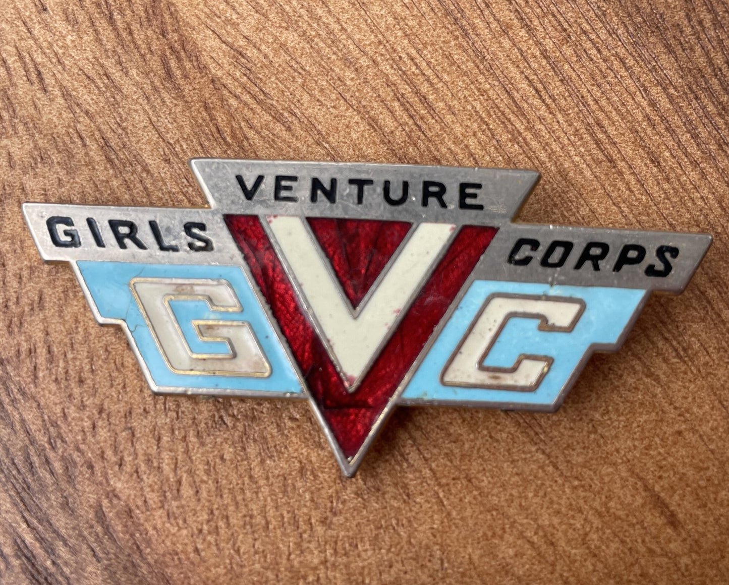 Two Early Chrome and Enamel Girls Venture Corps Hat Badges 61mm Wide