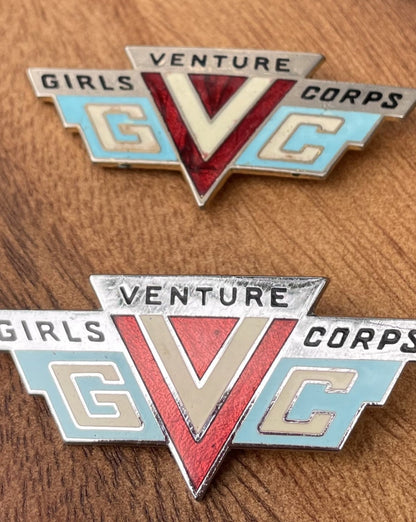 Two Early Chrome and Enamel Girls Venture Corps Hat Badges 61mm Wide