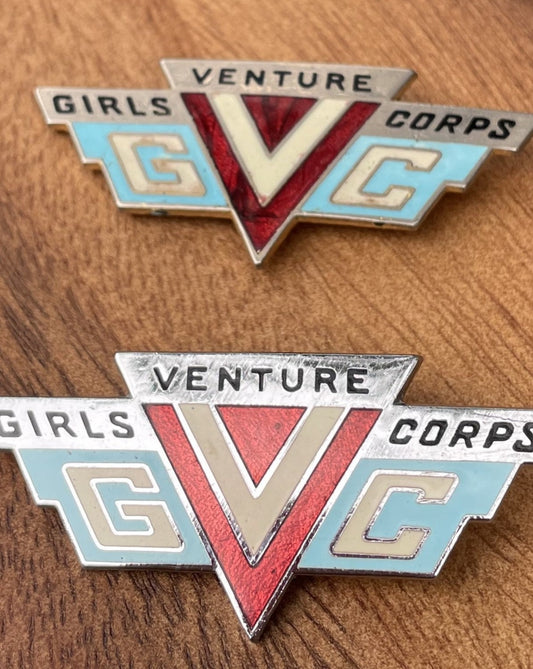 Two Early Chrome and Enamel Girls Venture Corps Hat Badges 61mm Wide