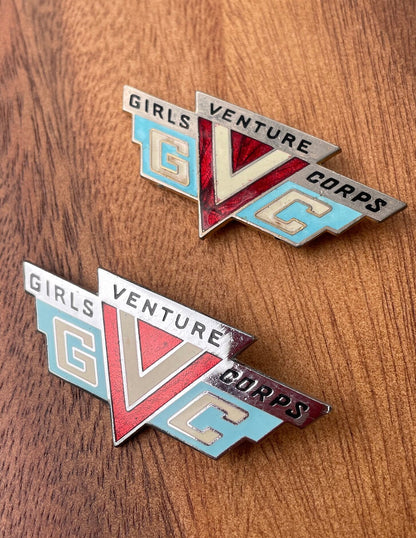 Two Early Chrome and Enamel Girls Venture Corps Hat Badges 61mm Wide