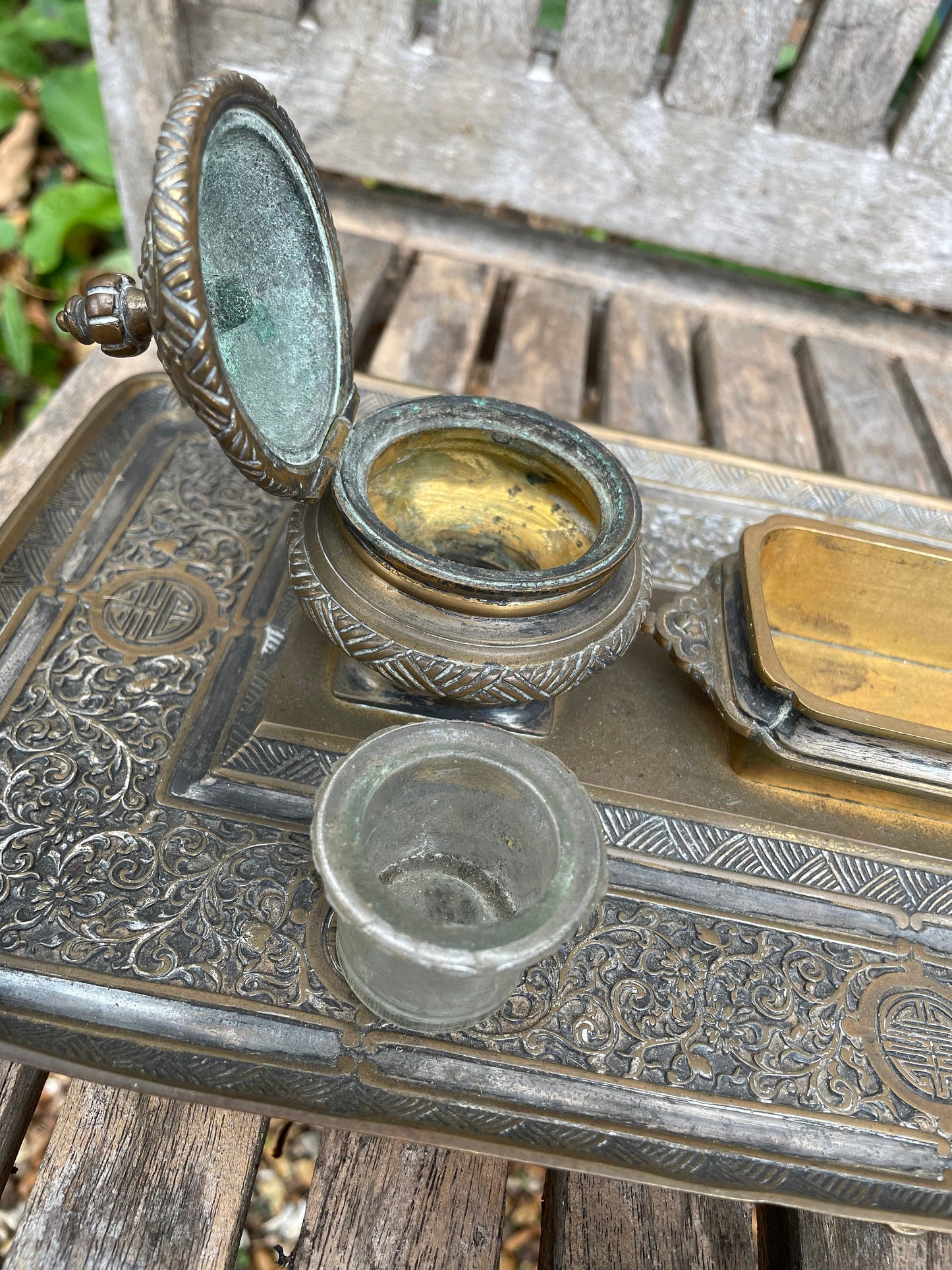 A 19th Century French Brass and Chinoiserie Encrier Desk Stand, by Delarue Paris Including Inkwells and Desk Blotter