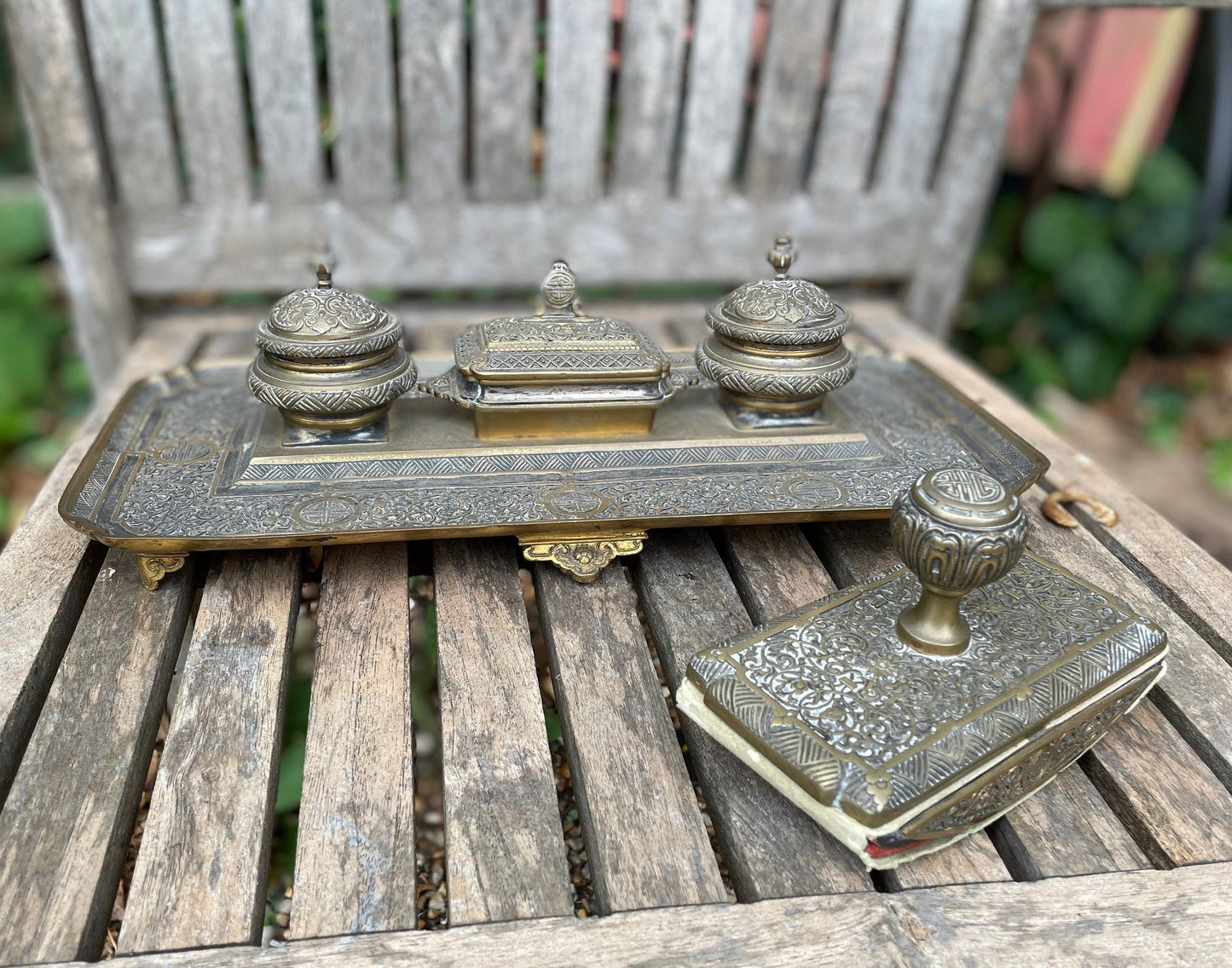 A 19th Century French Brass and Chinoiserie Encrier Desk Stand, by Delarue Paris Including Inkwells and Desk Blotter