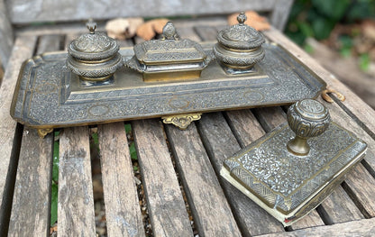 A 19th Century French Brass and Chinoiserie Encrier Desk Stand, by Delarue Paris Including Inkwells and Desk Blotter