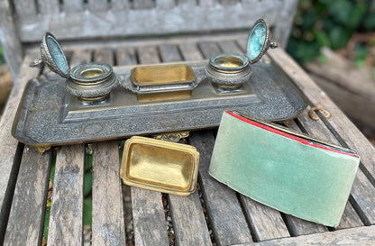 A 19th Century French Brass and Chinoiserie Encrier Desk Stand, by Delarue Paris Including Inkwells and Desk Blotter