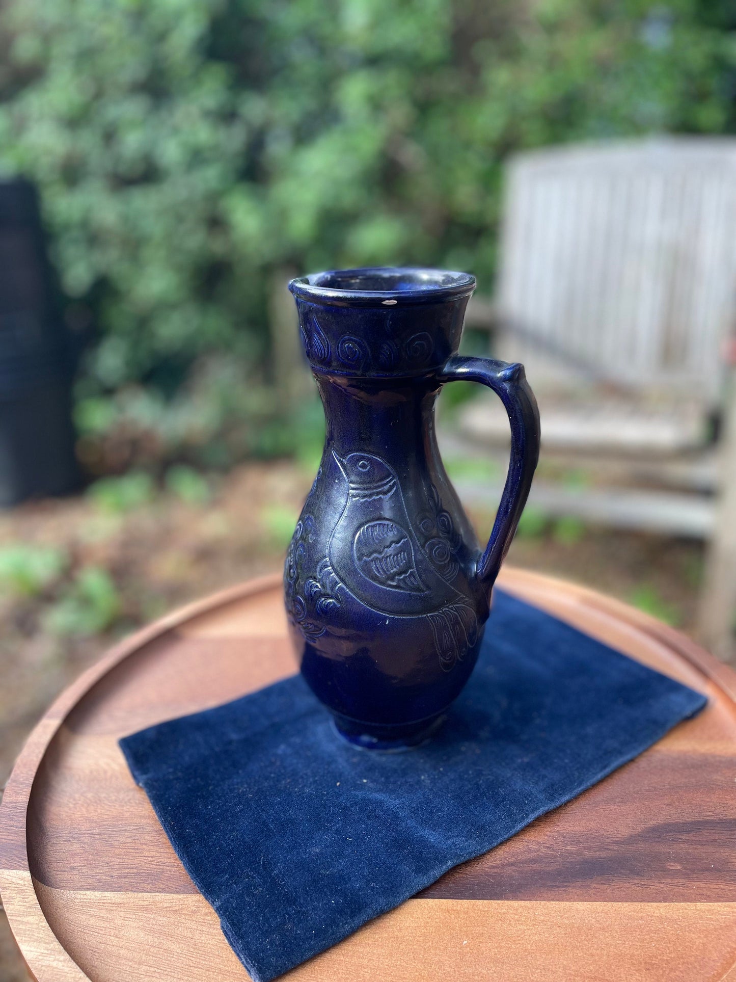 A Blue Vintage Glazed Studio Pottery Jug With Stylised Bird and Floral Design c1960 23cm Tall