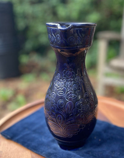 A Blue Vintage Glazed Studio Pottery Jug With Stylised Bird and Floral Design c1960 23cm Tall