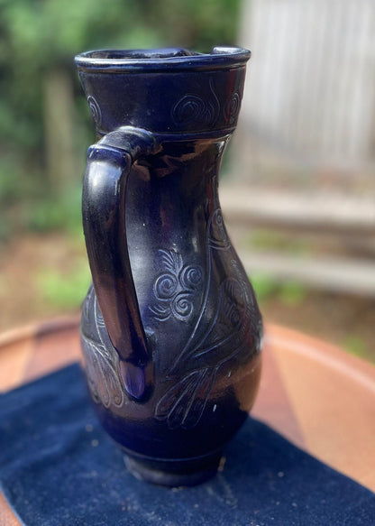 A Blue Vintage Glazed Studio Pottery Jug With Stylised Bird and Floral Design c1960 23cm Tall