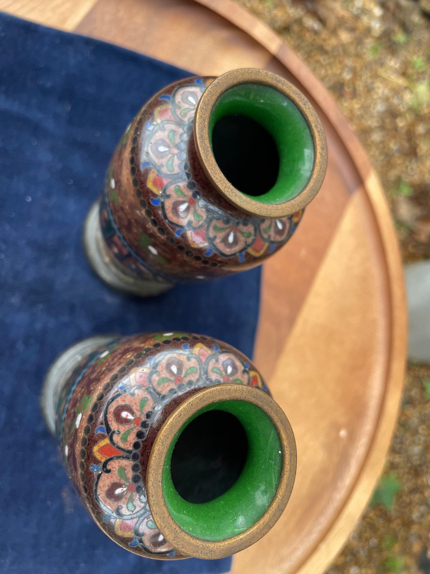 A Pair of Small Cloisonne Vases on Stands 13cm Tall