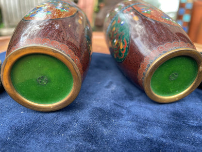 A Pair of Small Cloisonne Vases on Stands 13cm Tall