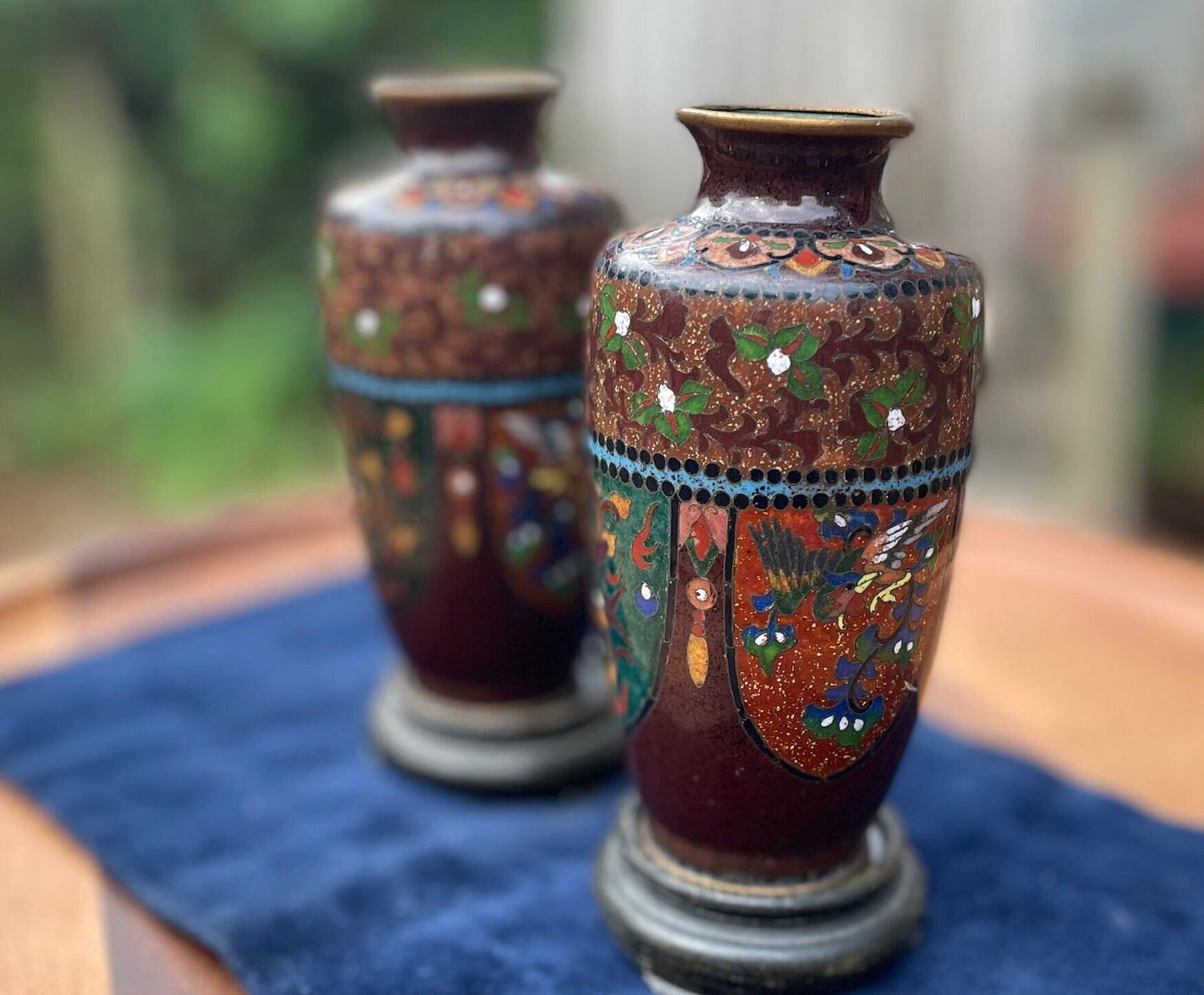 A Pair of Small Cloisonne Vases on Stands 13cm Tall