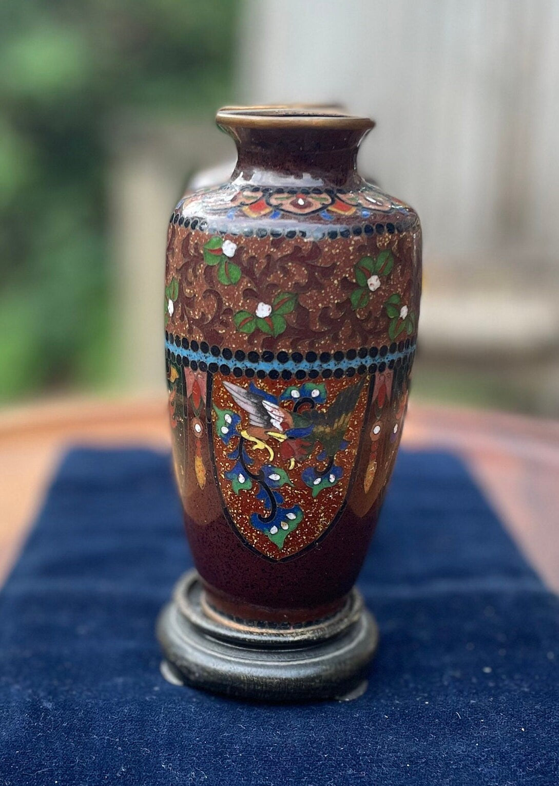 A Pair of Small Cloisonne Vases on Stands 13cm Tall