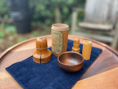 A  Group of Vintage/Antique Treen Items - a French Perfume Bottle Holder, Needle Case, Ladle Bowl c1890's