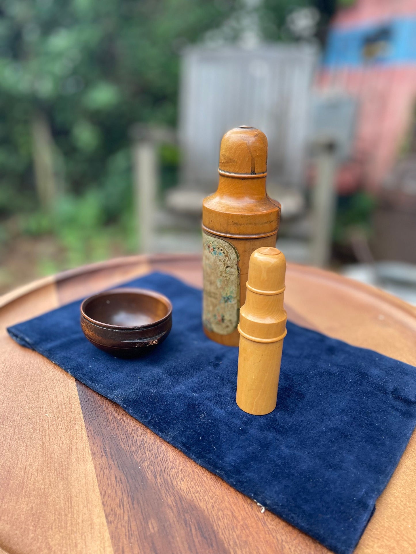 A  Group of Vintage/Antique Treen Items - a French Perfume Bottle Holder, Needle Case, Ladle Bowl c1890's