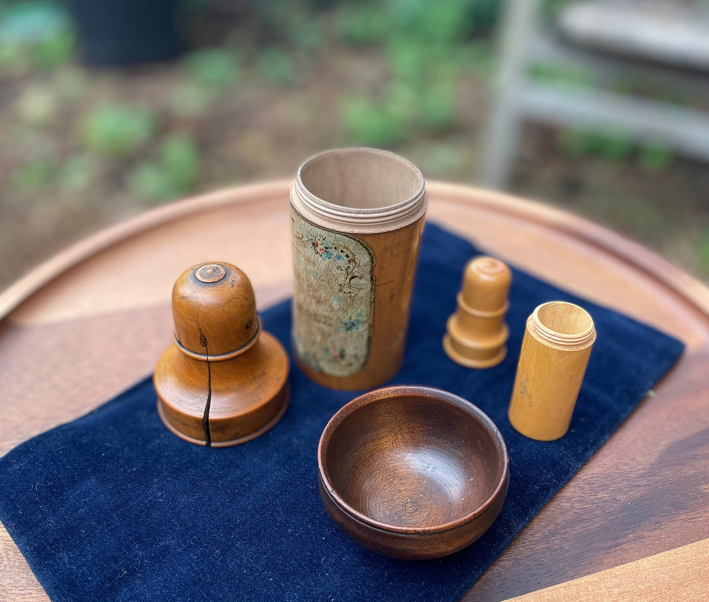 A  Group of Vintage/Antique Treen Items - a French Perfume Bottle Holder, Needle Case, Ladle Bowl c1890's